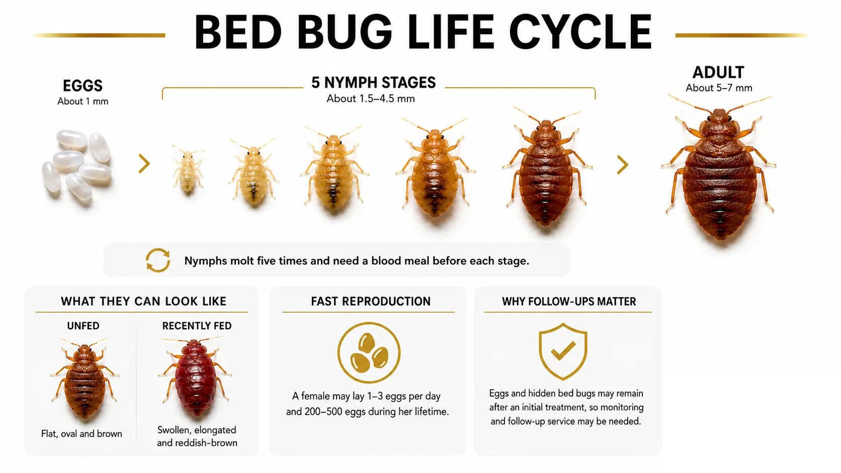 Bed bug life cycle from eggs through five nymph stages to adulthood, including unfed and recently fed appearances.