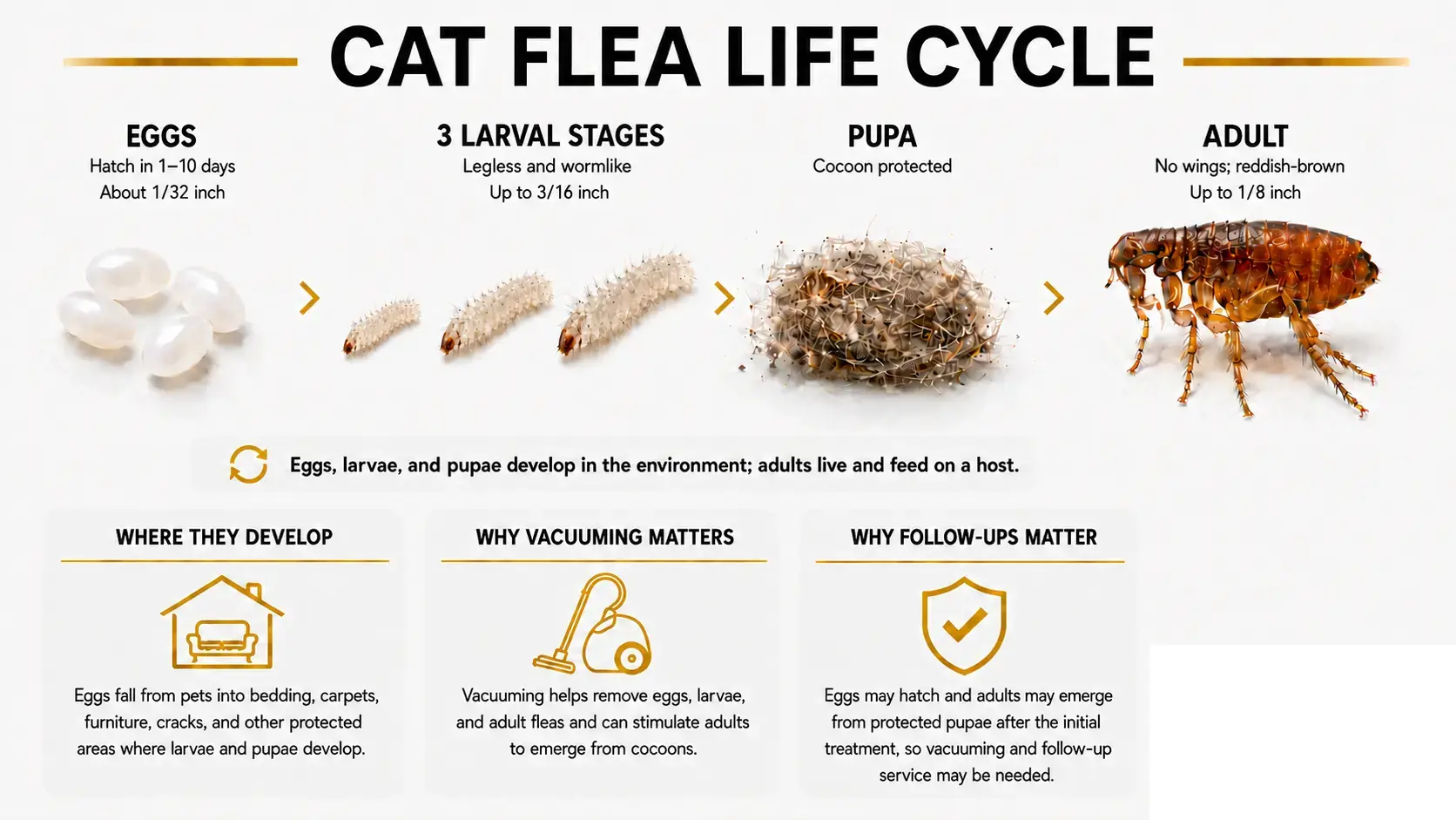Cat flea life cycle showing eggs, three legless larval stages, a debris-covered cocoon, and an adult flea