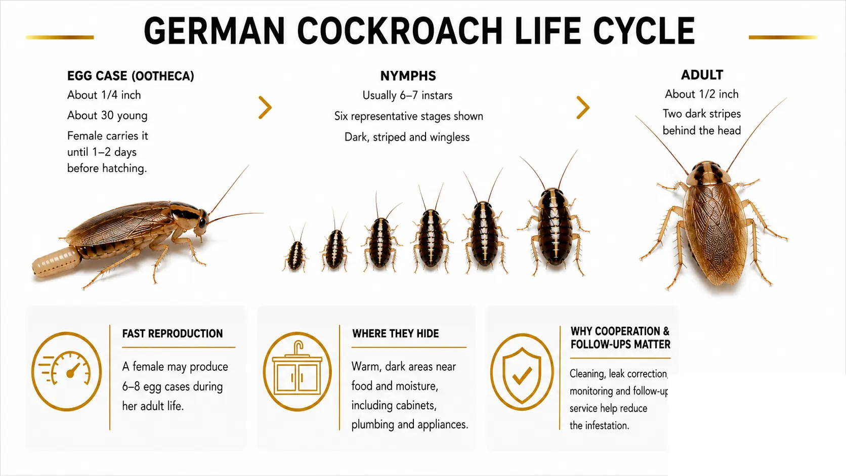 German cockroach life cycle showing the egg case, six representative nymph stages, adult cockroach, reproduction facts, hiding areas, and the importance of follow-up service