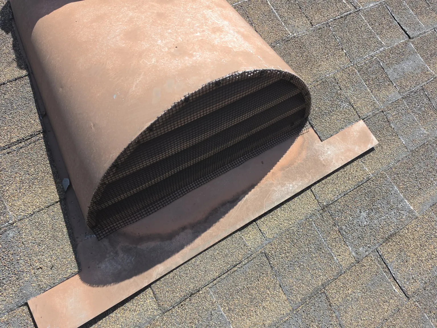 Close-up detail of rodent-resistant screening secured over a roof vent
